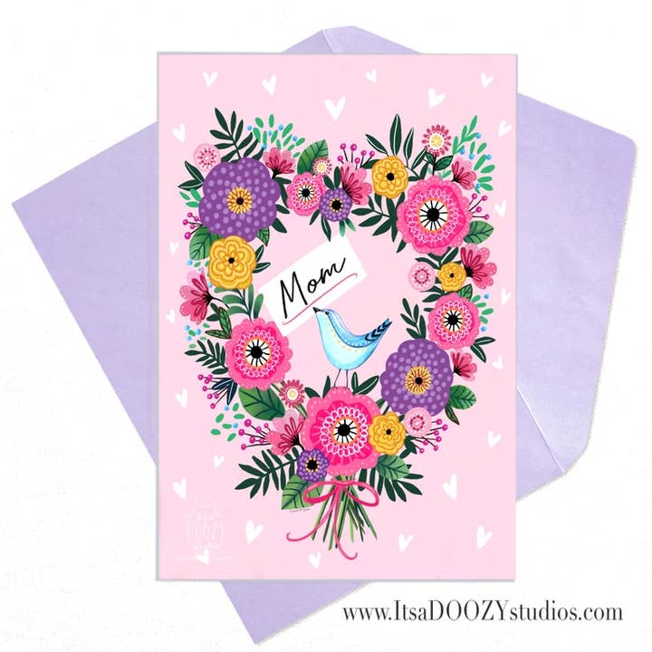 Floral Mom Heart Wreath - Card With Matching Envelope for wholesale by It’s a Doozy Studios