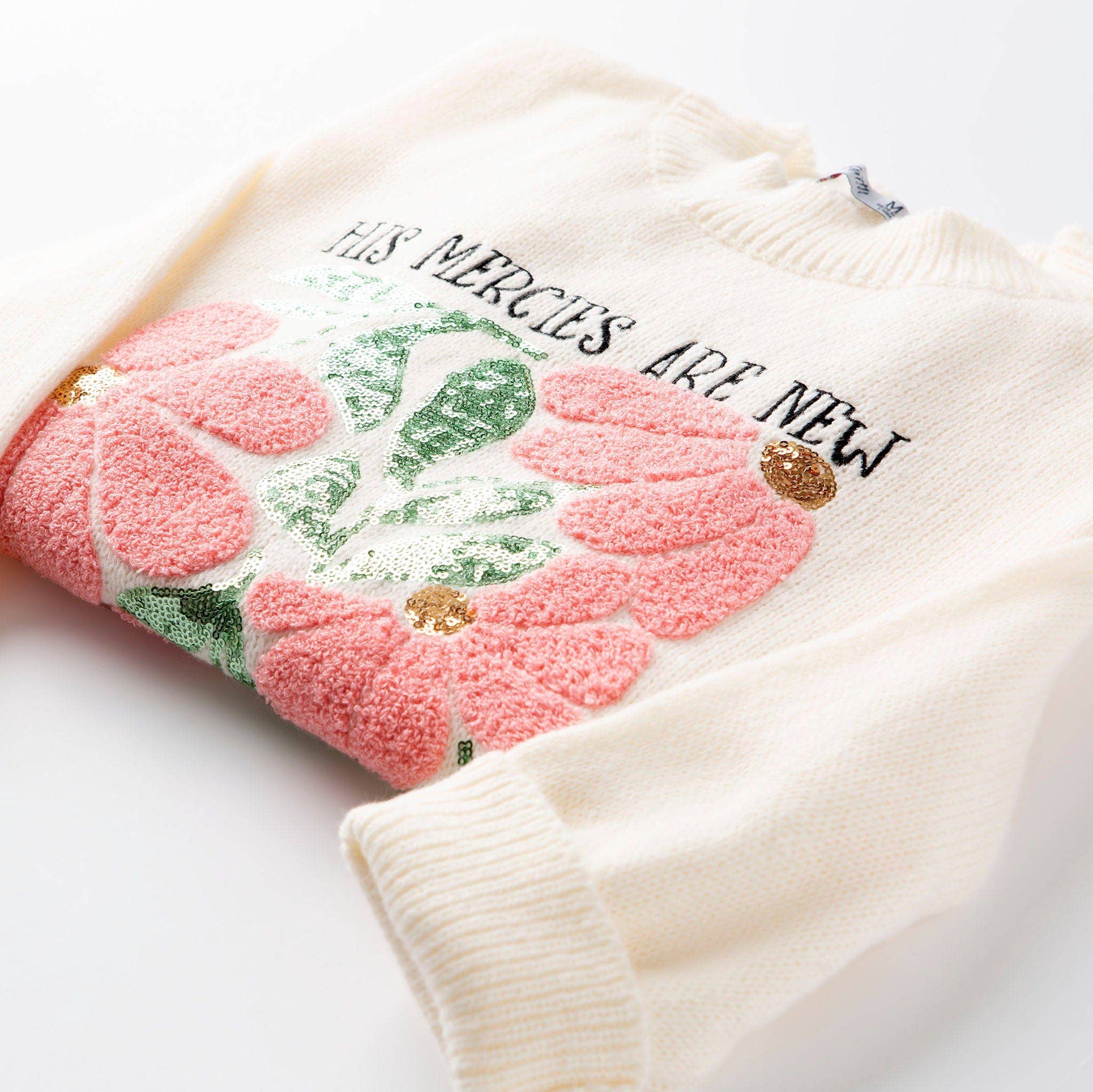 Cream His Mercies Are New Embellished Sweater for wholesale on Faire1