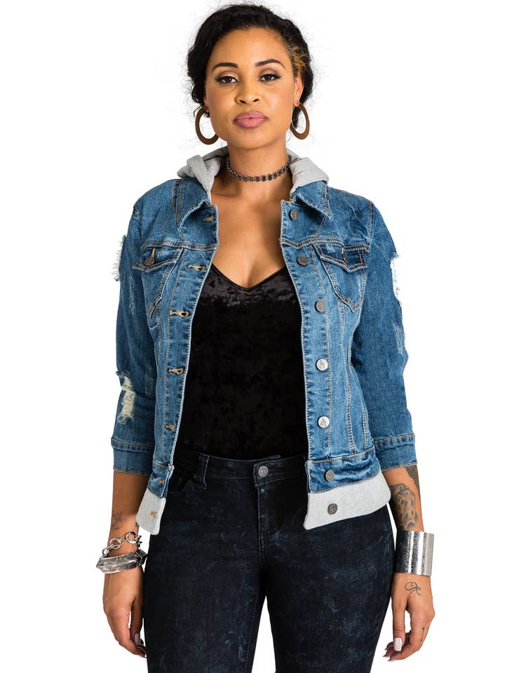 Poetic Justice Curvy Women's Blue Stretch Denim Hooded for wholesale by Poetic Justice
