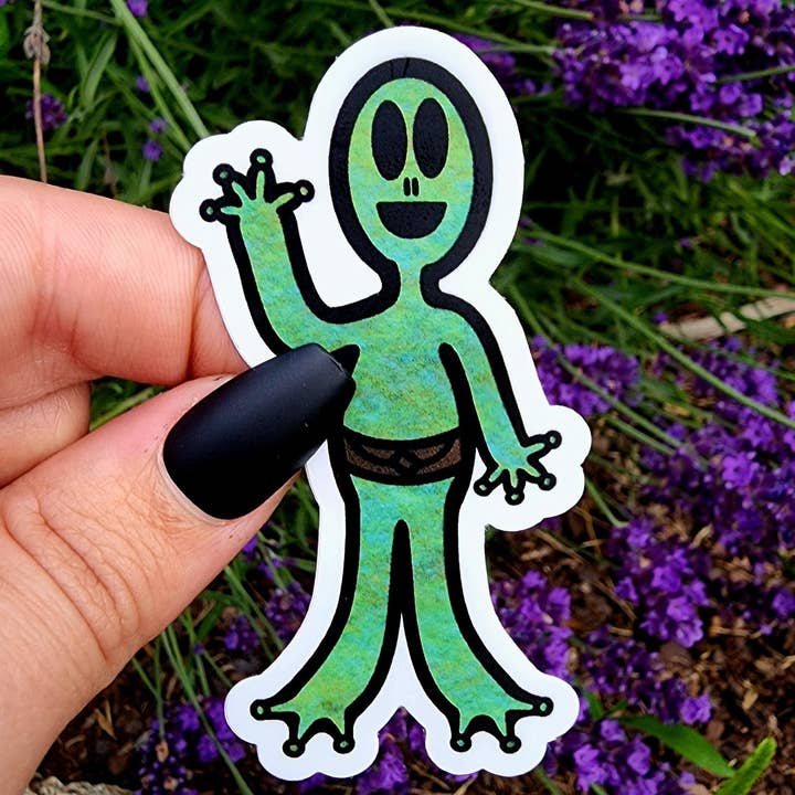 Alien klistermärke, UFO klistermärke, Alien tillbehör, Happy Alien för wholesale av The Dungeon Rose