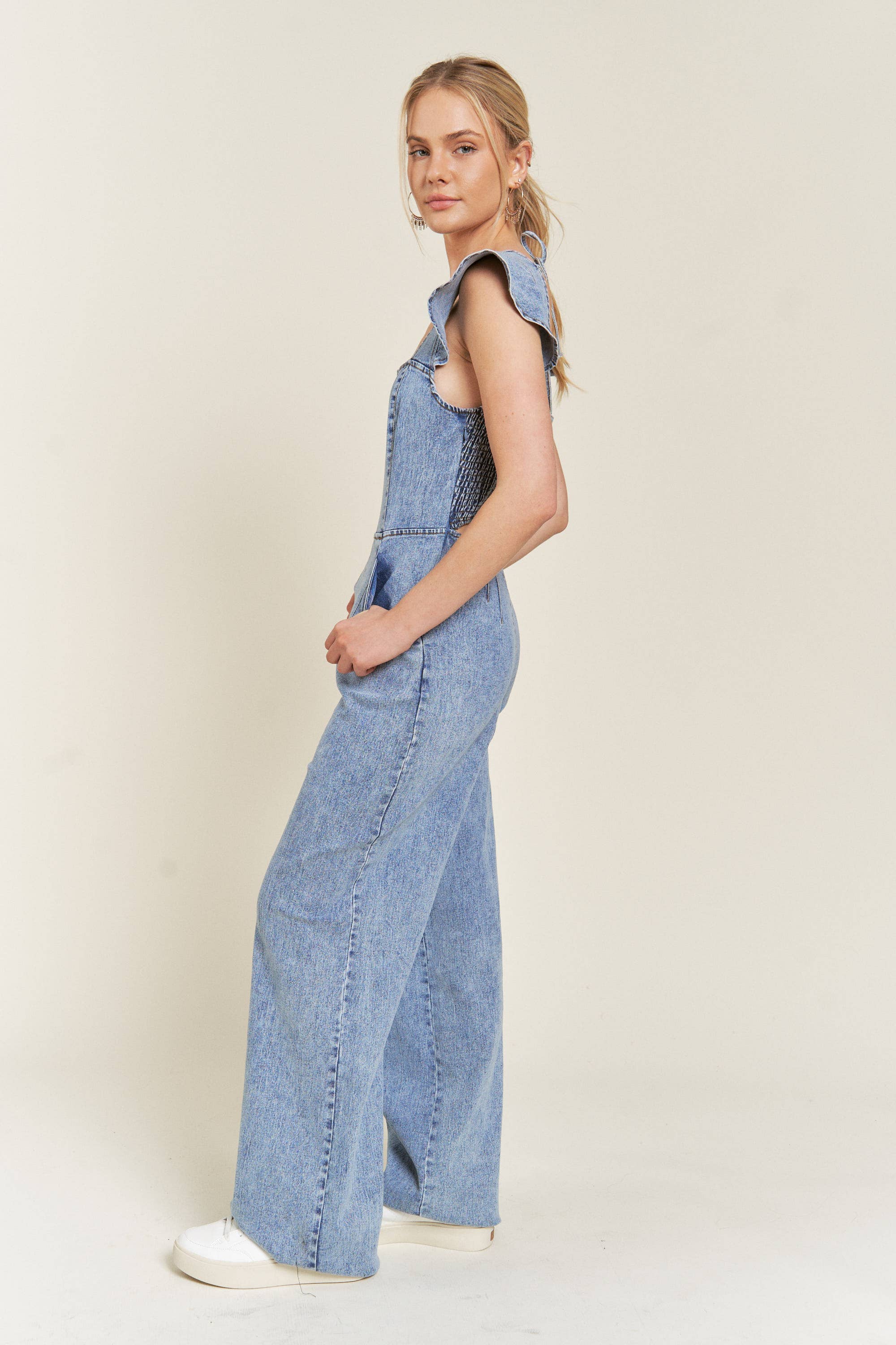 DENIM FLÆSET DENIM JUMPSUIT JJS5035 for engroshandel på Faire4