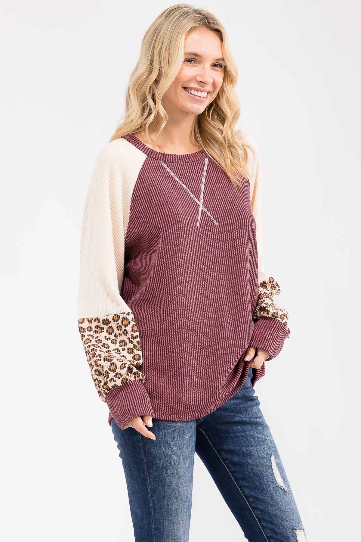 7th Ray – wholesale Knit top – Women's – Color Block Raglan Long Sleeve Pullover Top T61072