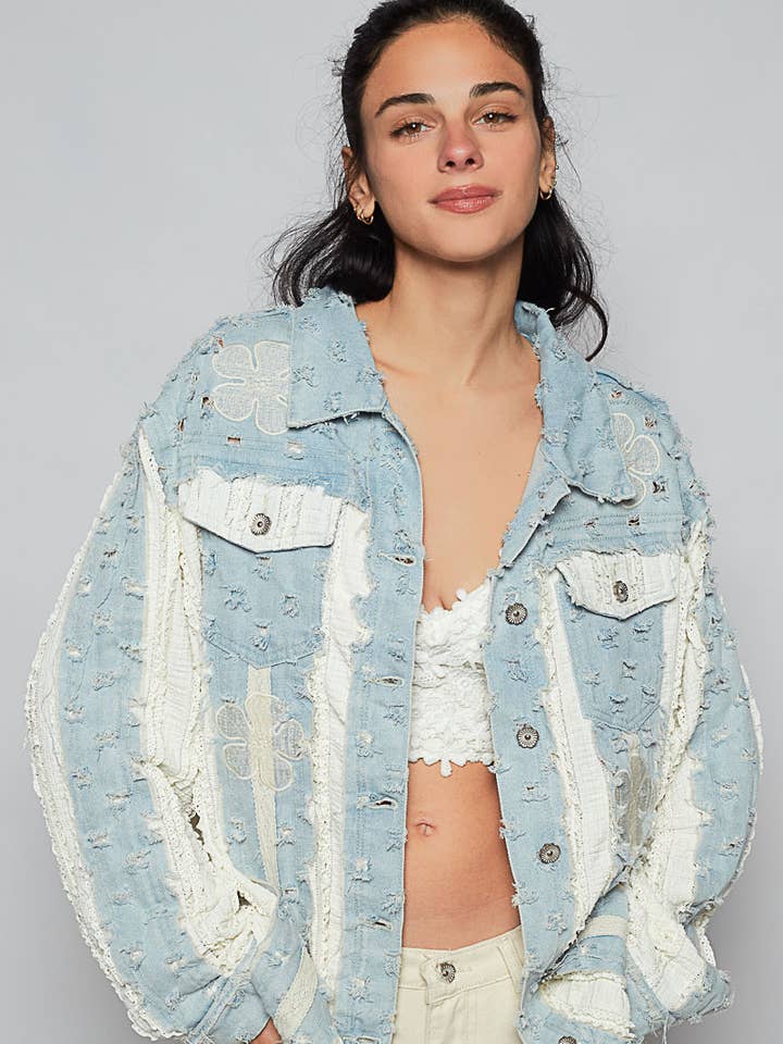 Long sleeve floral textured denim Jacket for wholesale on Faire
