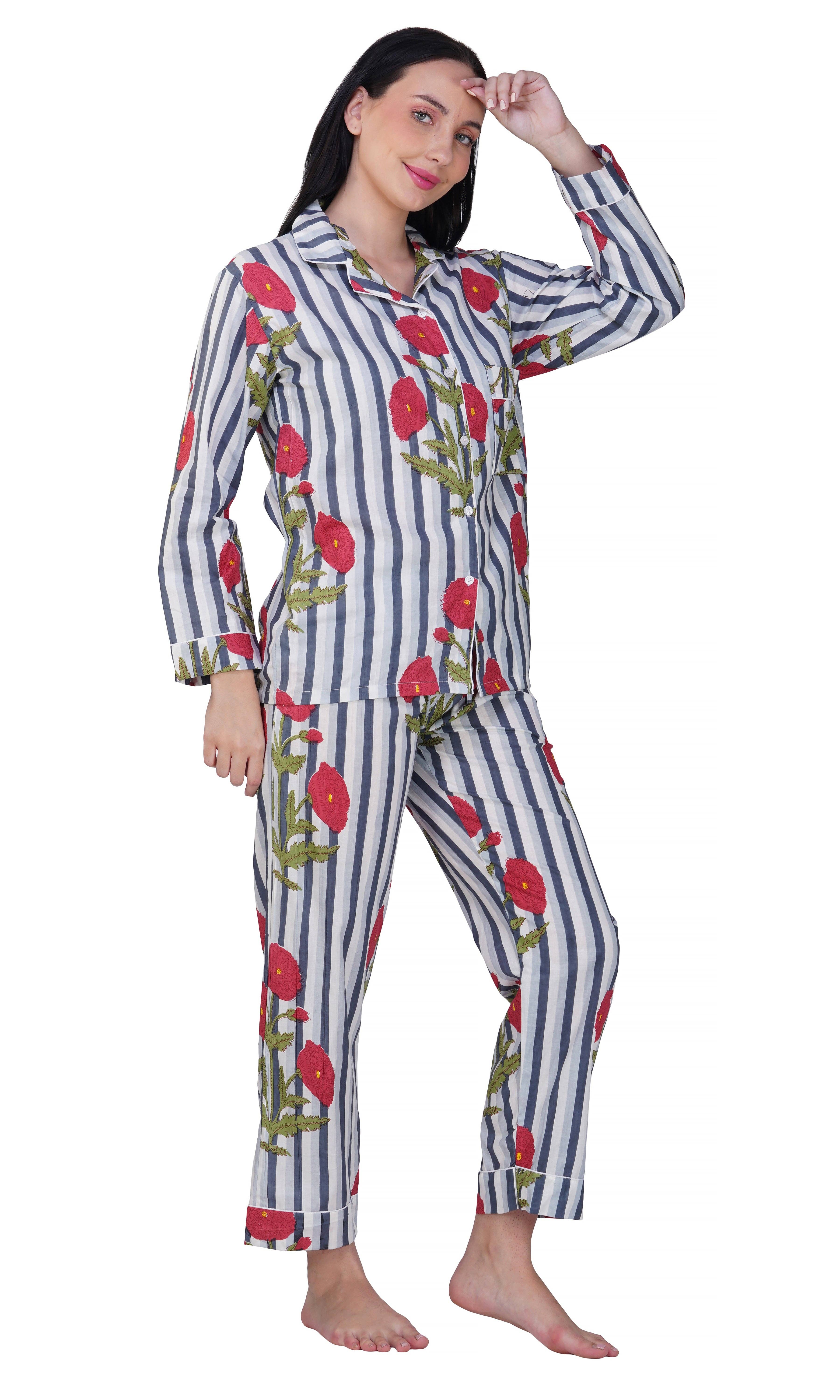 Purple Mohar - Wholesale Sleepwear Set - Women's - Poppy Dreams: 3-Piece Floral & Stripes Night Suit Set"4