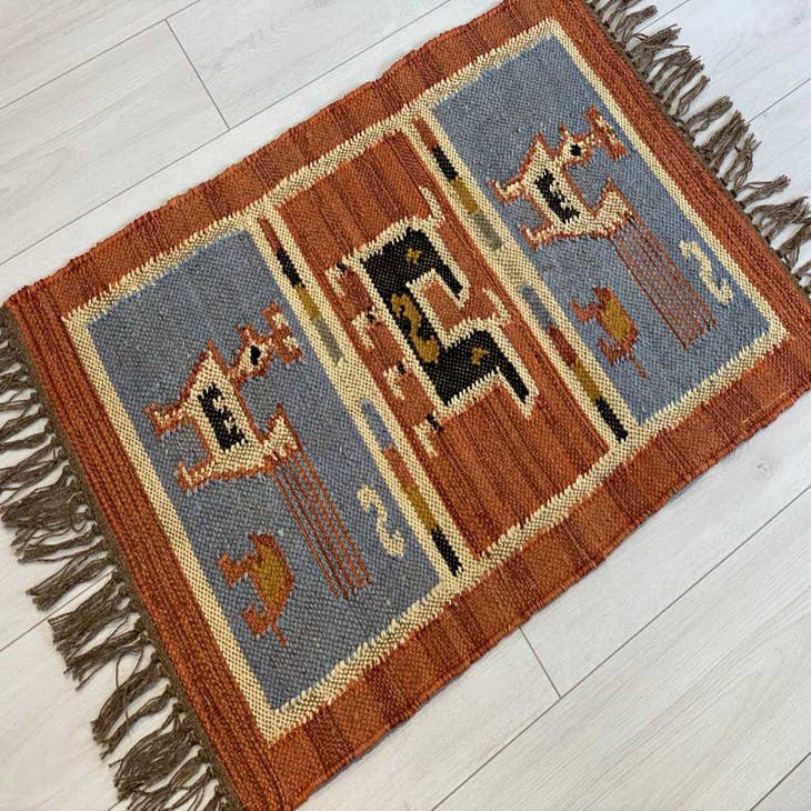 old handmade twined braided rug, traditional vintage hand crafted wool rag  rug