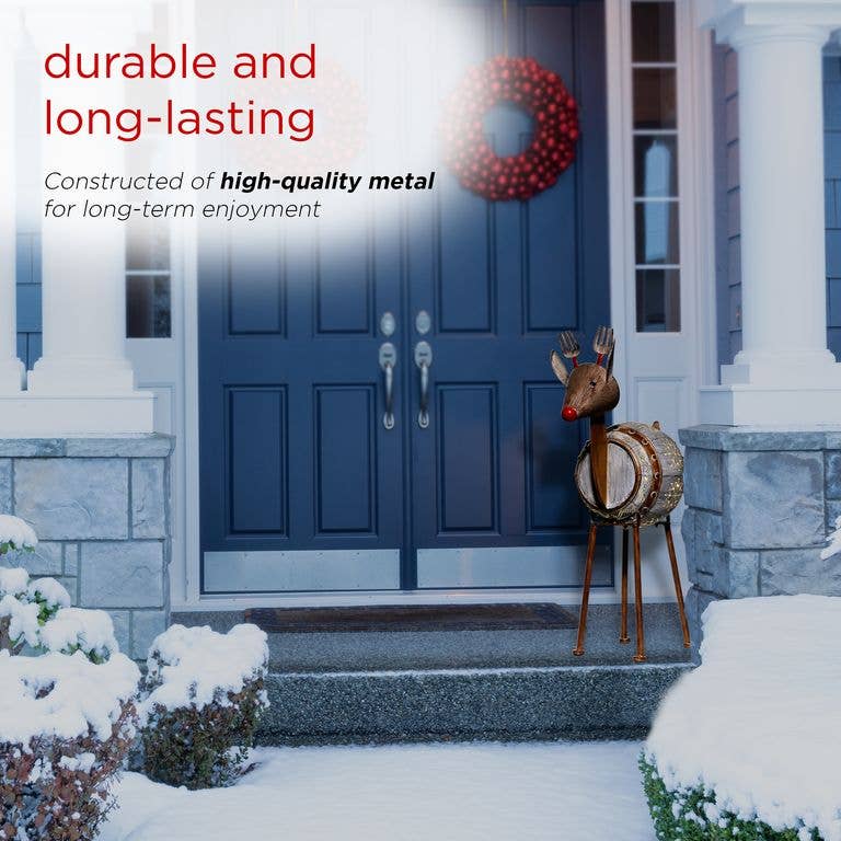 Alpine Corporation - Wholesale Outdoor Ornament/Decor - Alpine Corporation Weathered Barrel Reindeer Décor with Warm5