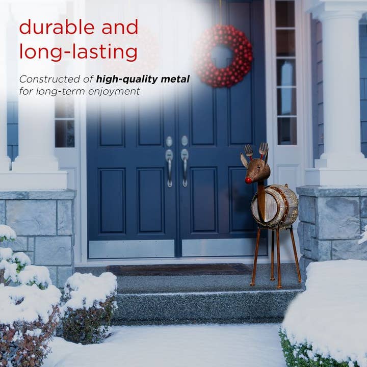 Alpine Corporation - Wholesale Outdoor Ornament/Decor - Alpine Corporation Weathered Barrel Reindeer Décor with Warm5