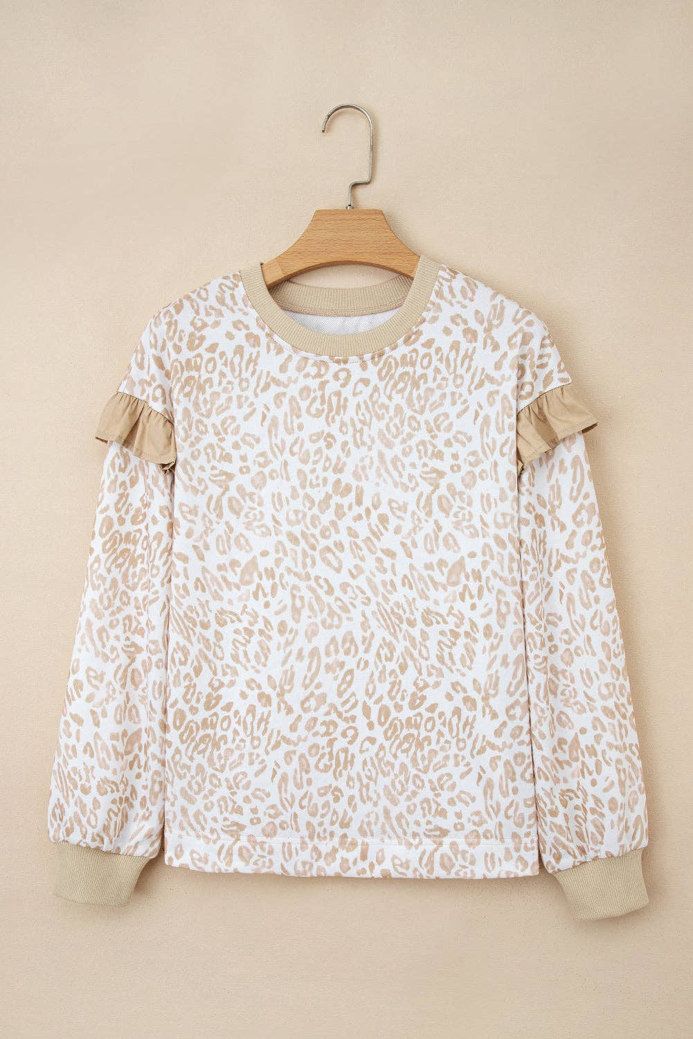 Lovesoft - Wholesale Sweatshirt - Women's - Khaki Leopard Ruffle Detail Ribbed Trim Round Neck Sweatshirt2