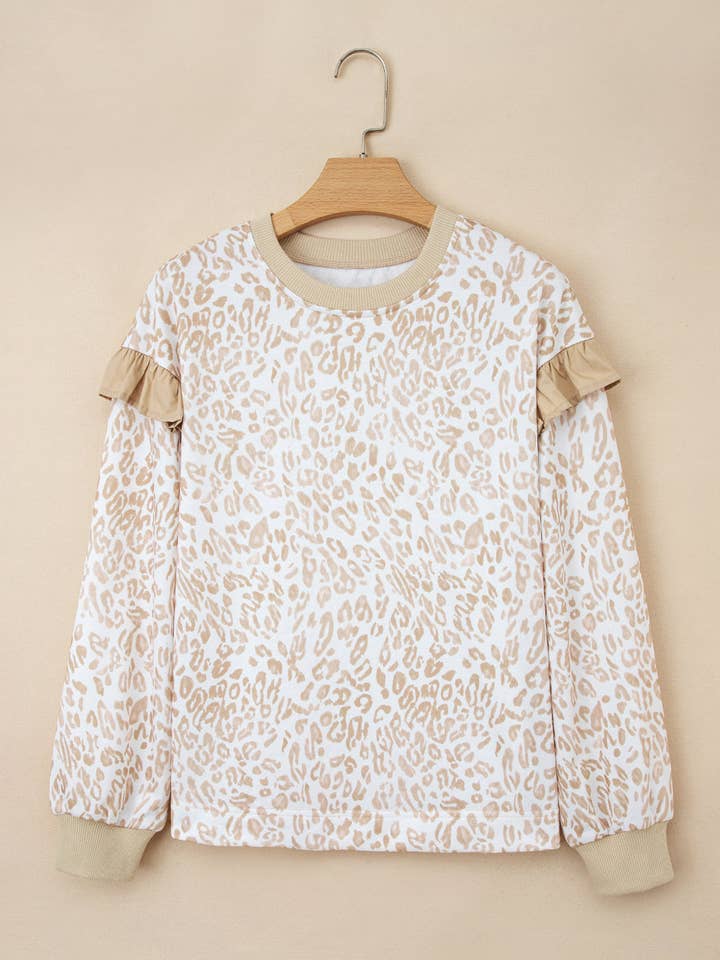 Leopard Flæse Ribbet Kant Rund Hals Sweatshirt for engroshandel hos PRETTY BASH