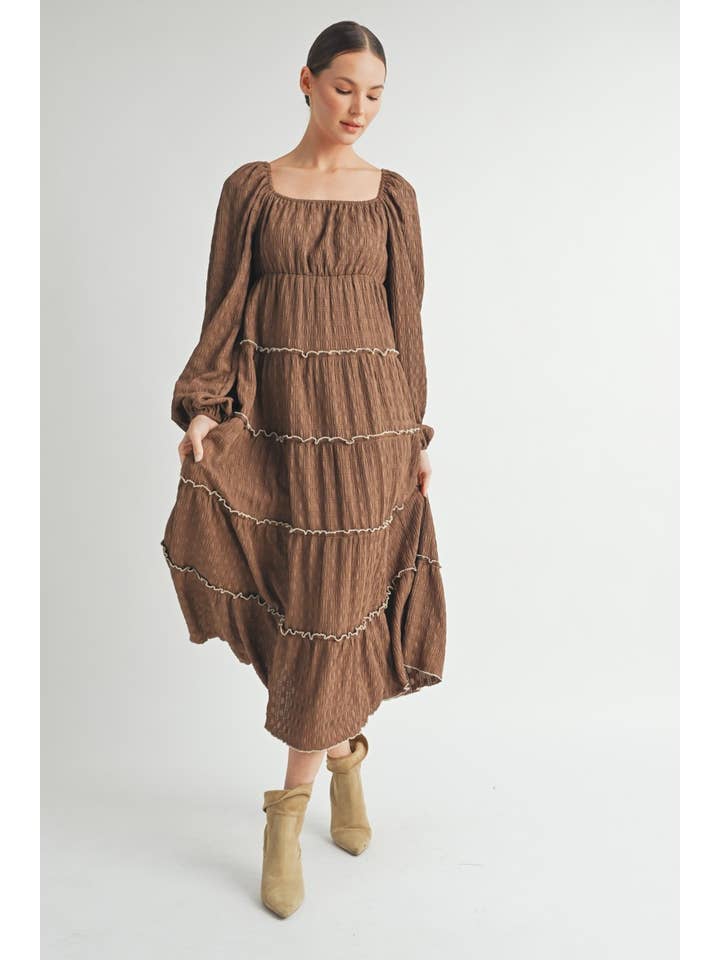 Marrone Vestito midi a balze a maniche lunghe con texture - Marrone in vendita all'ingrosso su Faire9
