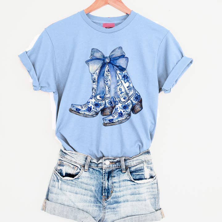 Blue Belle Boots Western Graphic T-Shirt - Light Blue Tee for wholesale by Ali Dee