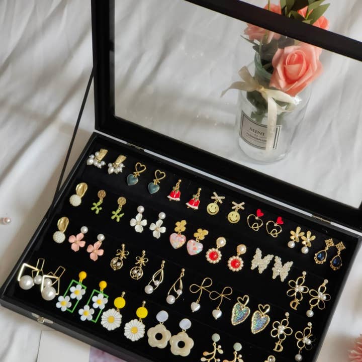 Glass Top Earring Jewelry Display Tray Organizer Velvet for wholesale by Zakka