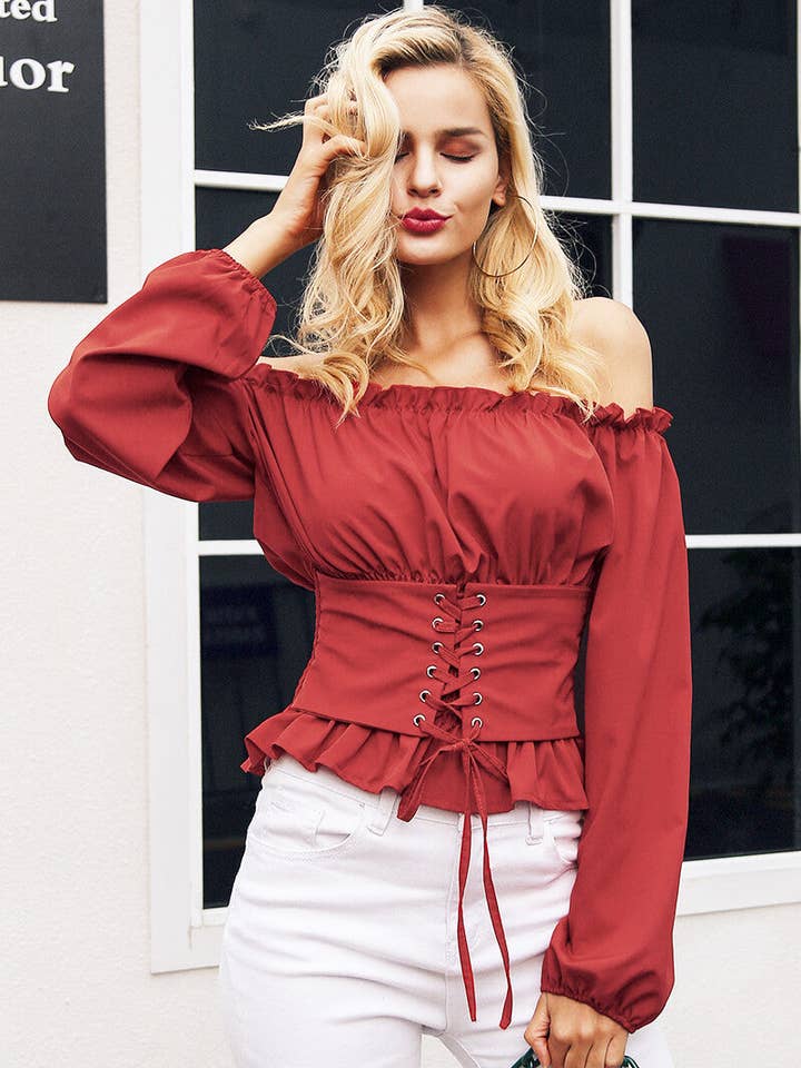 Blake Off Shoulder Lace-Up Corset Top for wholesale by The Steven Wick Company