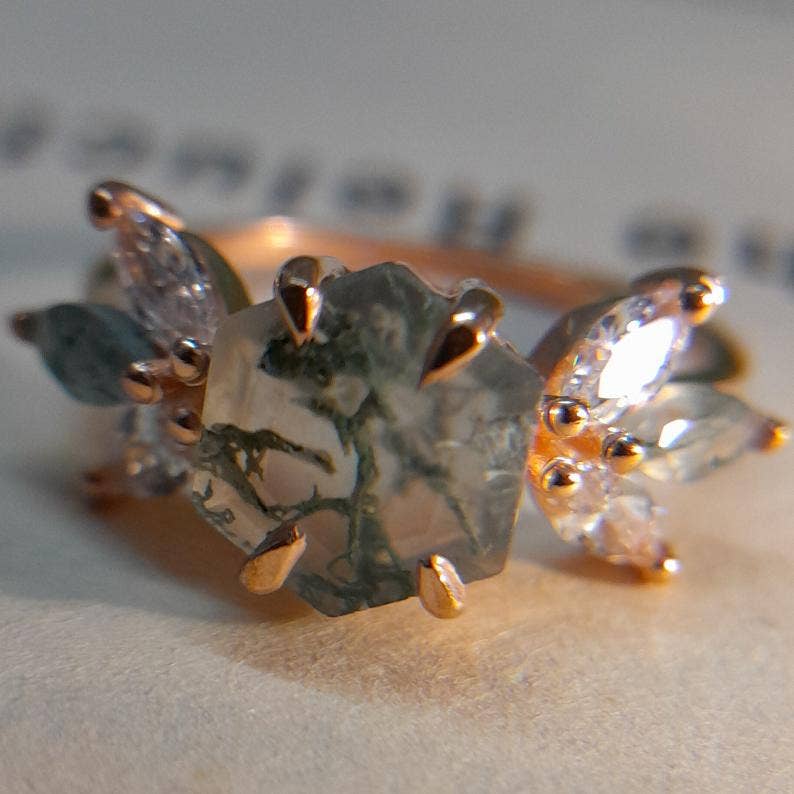 GEMPARA - Wholesale Cocktail/Statement Ring - 14/18k Gold Moss Agate hexagon ring2