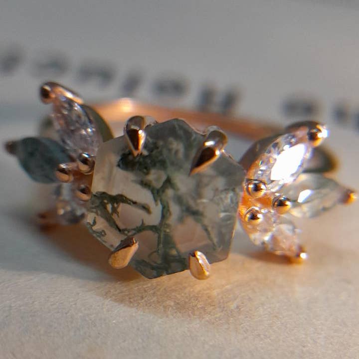 GEMPARA - Wholesale Cocktail/Statement Ring - 14/18k Gold Moss Agate hexagon ring2