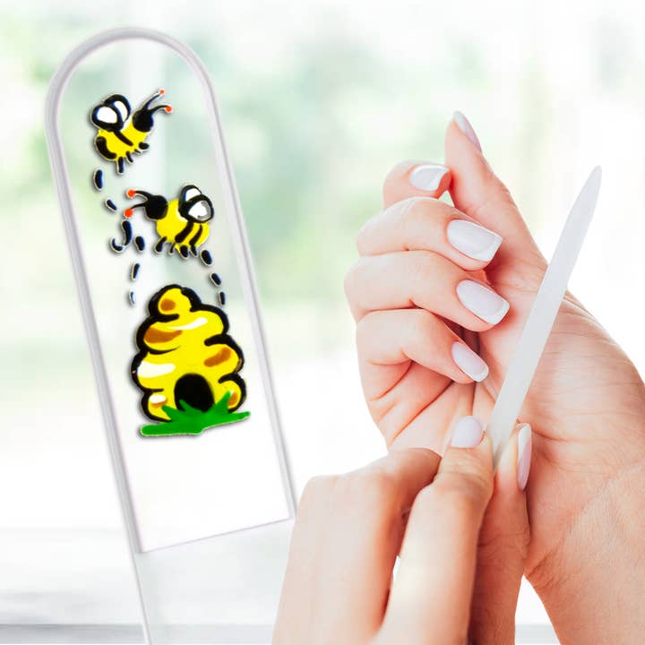 Beehive Honey Bee Clear Hand Painted Czech Crystal Nail File for wholesale by Classy Nail Files