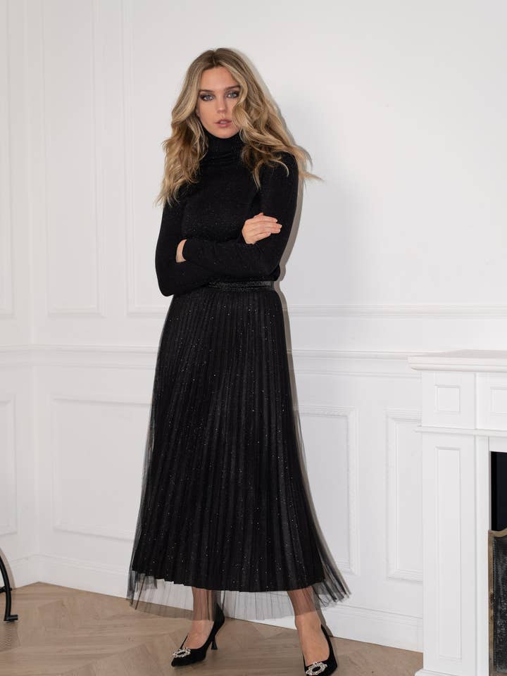 black black Shiny pleated tulle skirt with shiny lining - CK08100 for wholesale on Faire