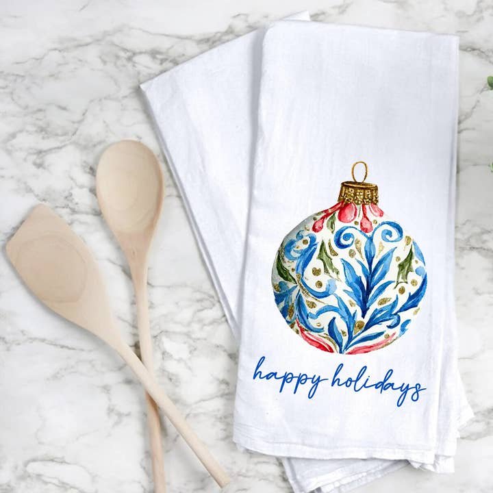 'Frohe Feiertage Ornament' Handgefertigtes Weihnachtsgeschirrtuch für den Großhandel von by BellaBlue