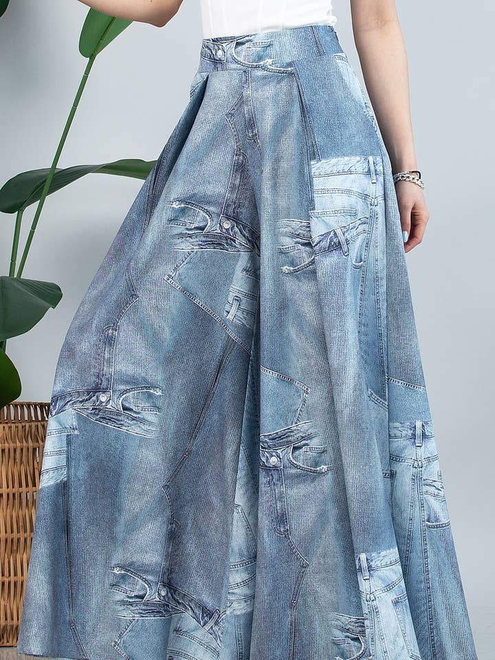 Pantalon Palazzo à Jambe Large en Denim à Motif Abstrait P919-5067 pour la vente par Nylon Apparel