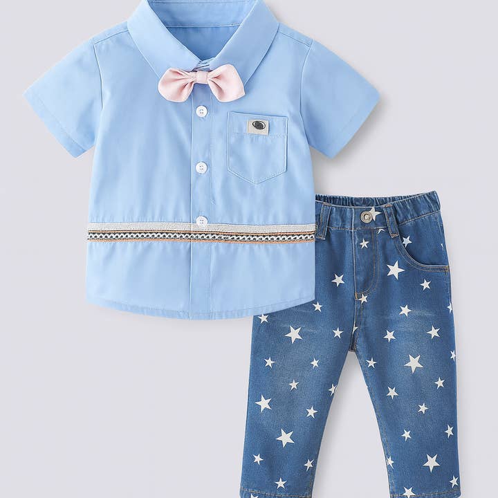 Blå 3D Bowtie klänningsskjorta & jeans 2st pojkdräkt för wholesale av Fennco Styles