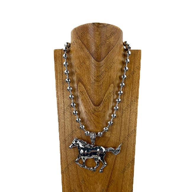 NKY260118-01 22'' Silver metal ball chain with large metal horse pendent Necklace for wholesale by Western Elite Jewelry