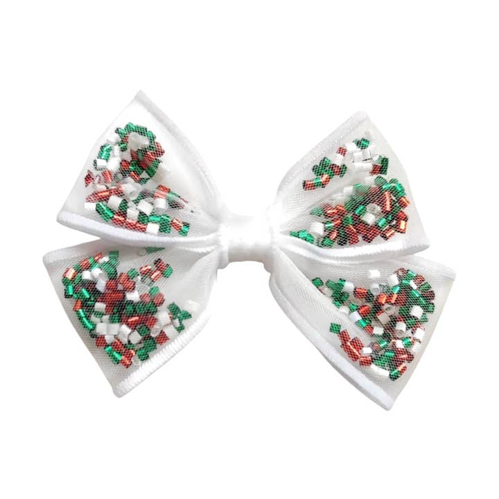 Christmas Tinsel Pinwheel Hair Bow w/ Clip for wholesale by Pretty in Pink Bows
