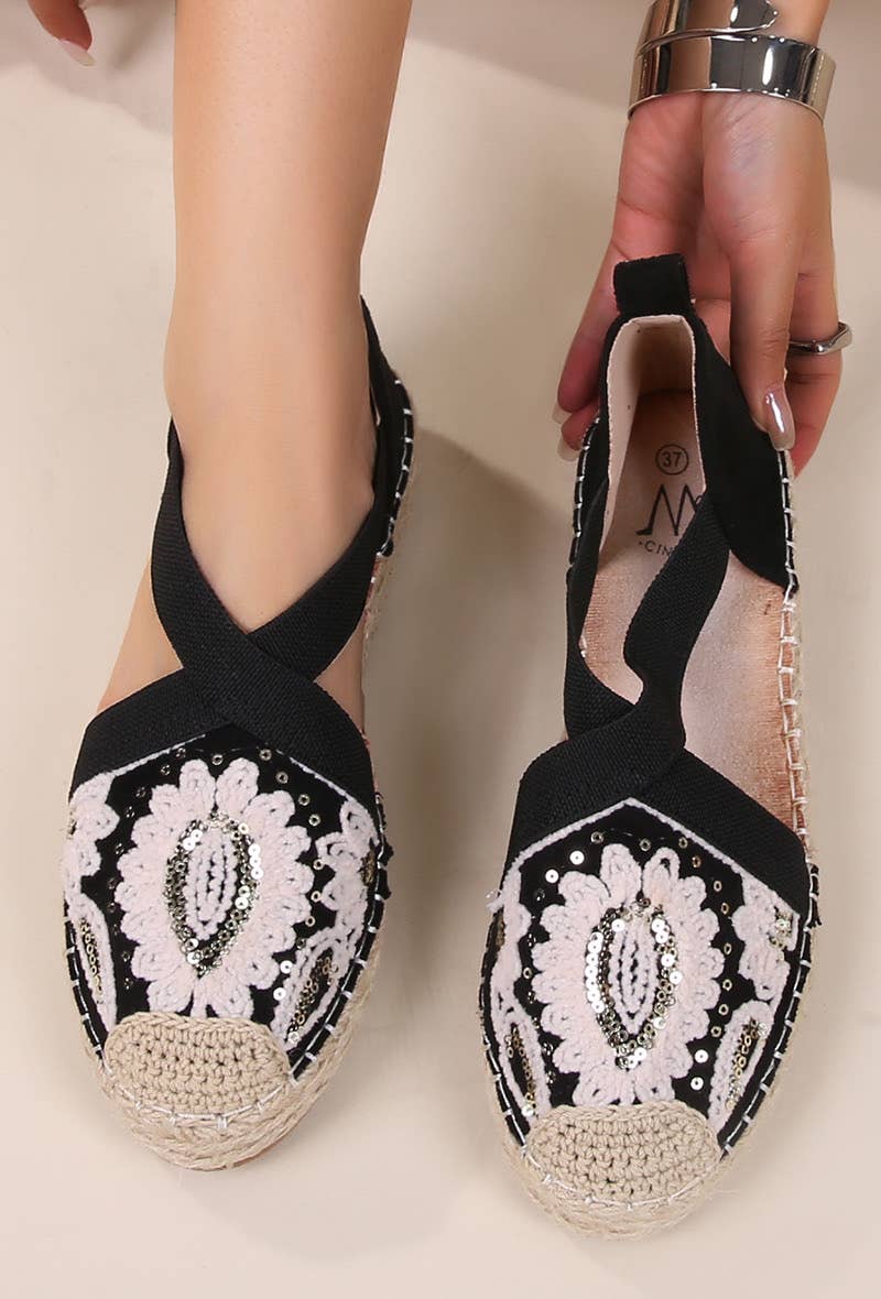 Black Espadrilles with embroidery and sequins, PA25-37 for wholesale on Faire2