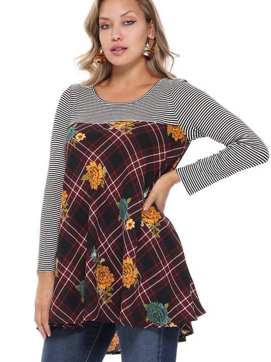 Stripe And Plaid Combo Baby Doll Top - Contemporary Fit for wholesale by Rose Mellow Fashion