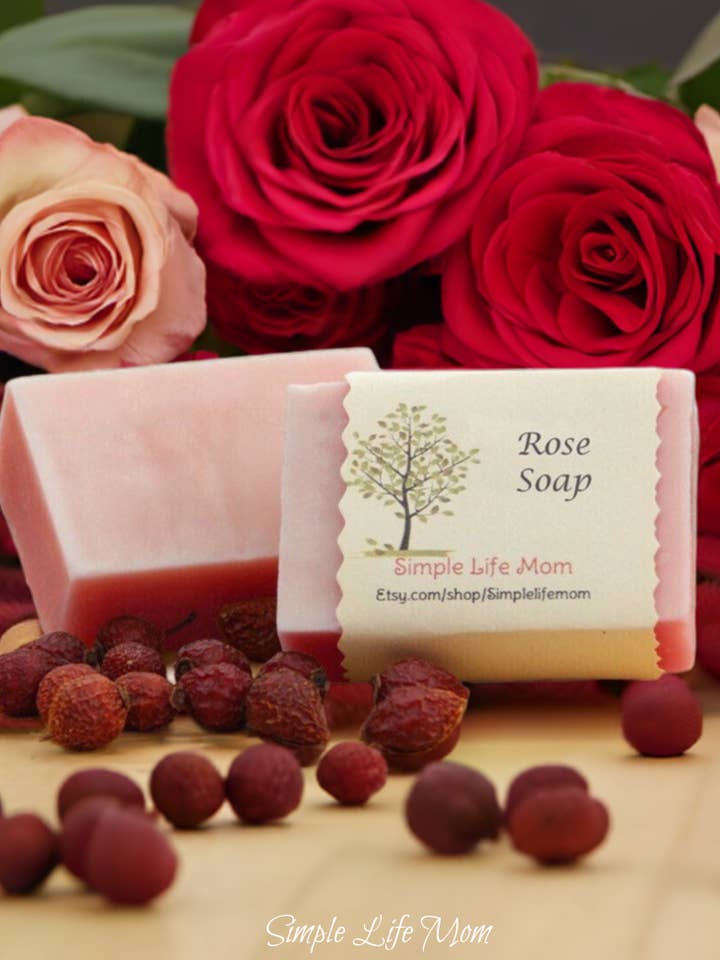 ROSE SOAP BAR - all natural, organic handmade soap, cold processed soap with rosehip oil, rose essential oil, organic body wash for wholesale by Simple Life Mom