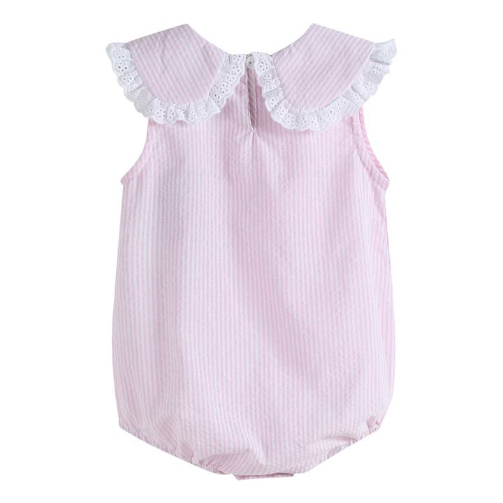 Lil Cactus - Wholesale Jumpsuit - Baby - Classic Light Pink Seersucker Collared Baby Bubble Romper1