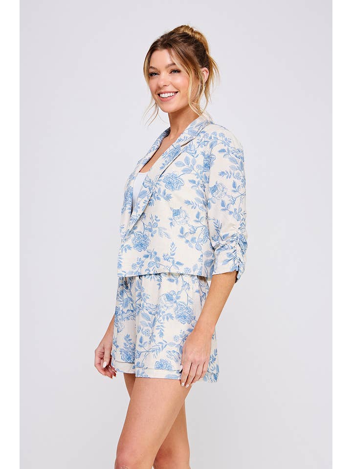 Blue Blossom Printed linen blend open crop blazer for wholesale on Faire