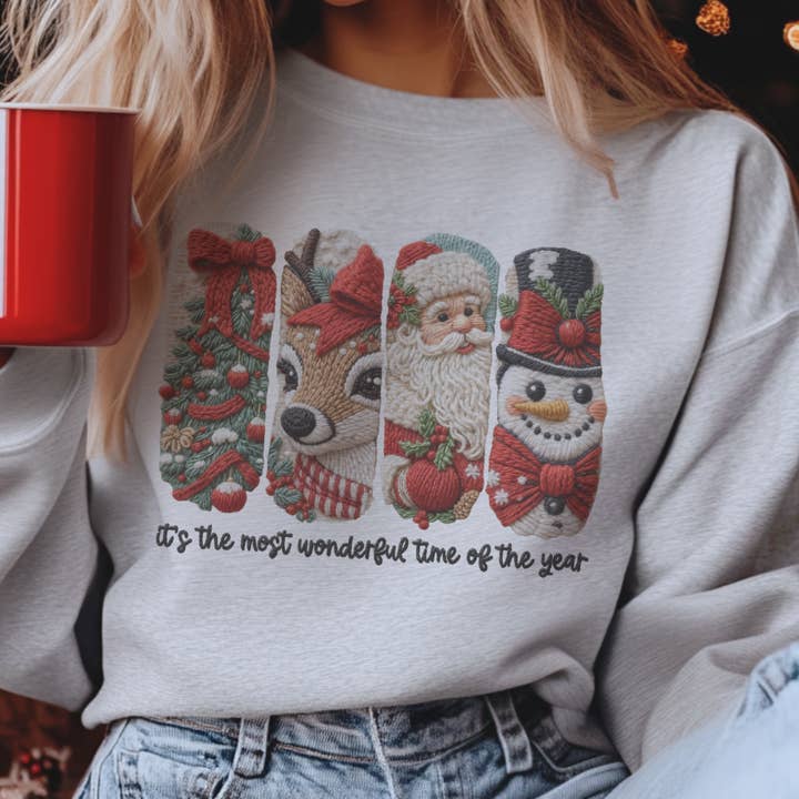 Par.tees by Party On! - Wholesale Graphic Sweatshirt - Women's - Christmas Vintage Santa Frosty Stitch Print Retro Sweatshirt1
