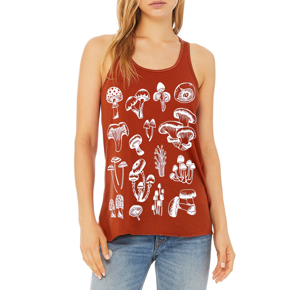 Mad Love Shop - Wholesale Tank Top - Women's - Rust Flowy Racerback Tank with Mushrooms Hand Screen Print1