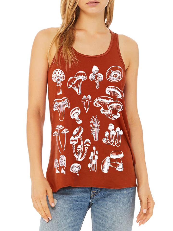 Mad Love Shop - Wholesale Tank Top - Women's - Rust Flowy Racerback Tank with Mushrooms Hand Screen Print1