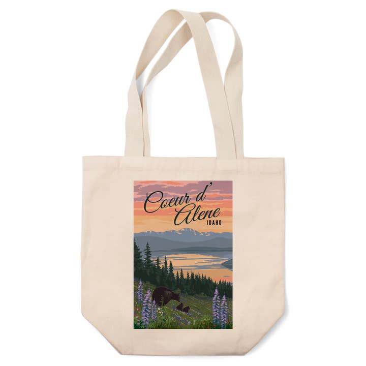 Lantern Press - Wholesale Tote Bag - Unisex - ORGANIC TOTE BAG Coeur d'Alene, Idaho, Bear & Flowers