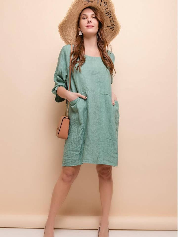 la maison des fibres naturelles - Wholesale Dress – Women's - Short linen dress with round neck 100% linen 671963