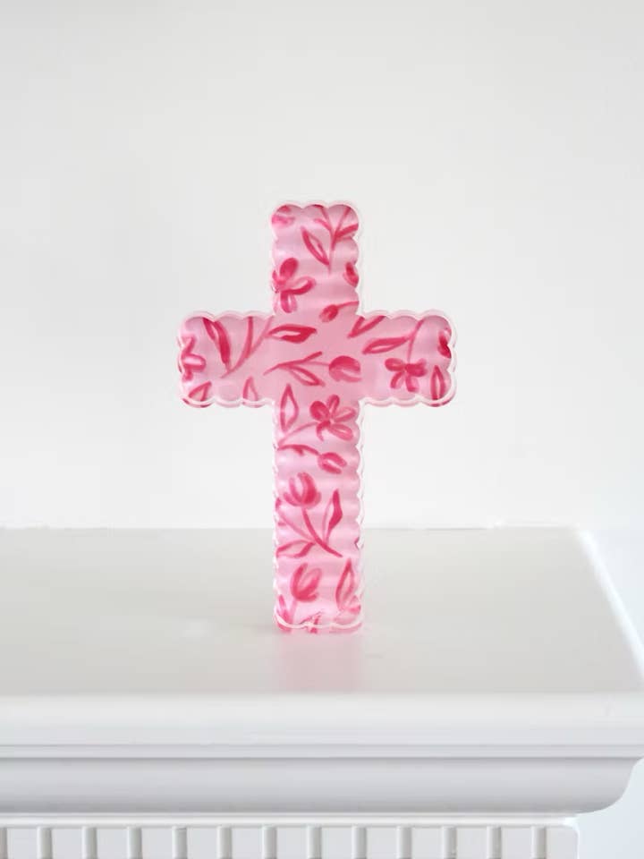 Pink Cross Acrylic Shelfie for wholesale by Dallis Foshee Art & Design, LLC