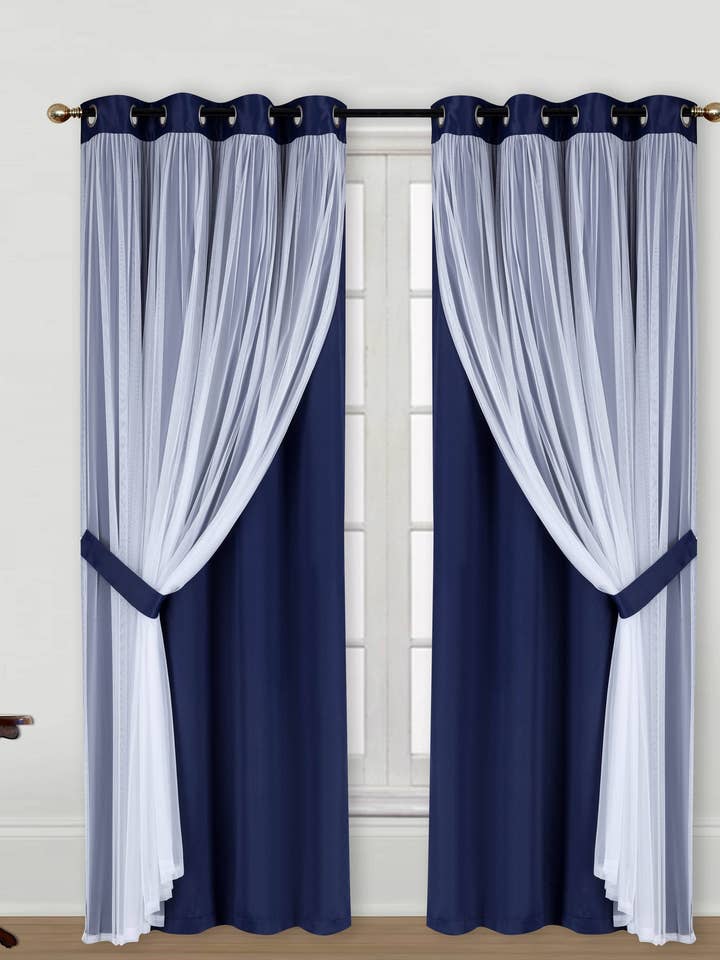 Paire de rideaux Catarina superposés occultants et voilages unis noirs avec œillets pour la vente par Jenin Home Furnishing Inc