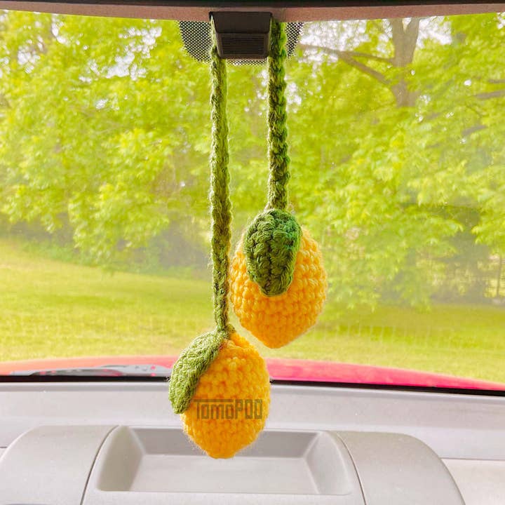 Crochet Lemon Car Mirror Hanging Decor, Women Car Accessory for wholesale by TOMOPOD LLC