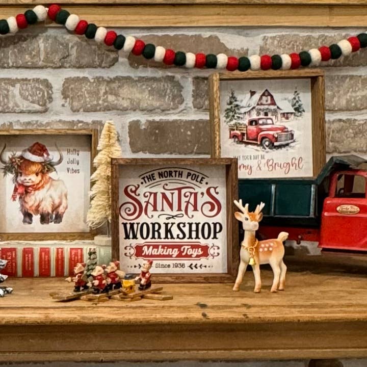 Hangout Home - Wholesale Sign - Santa's Workshop Red & Black - Cute Framed Holiday Word Sign
