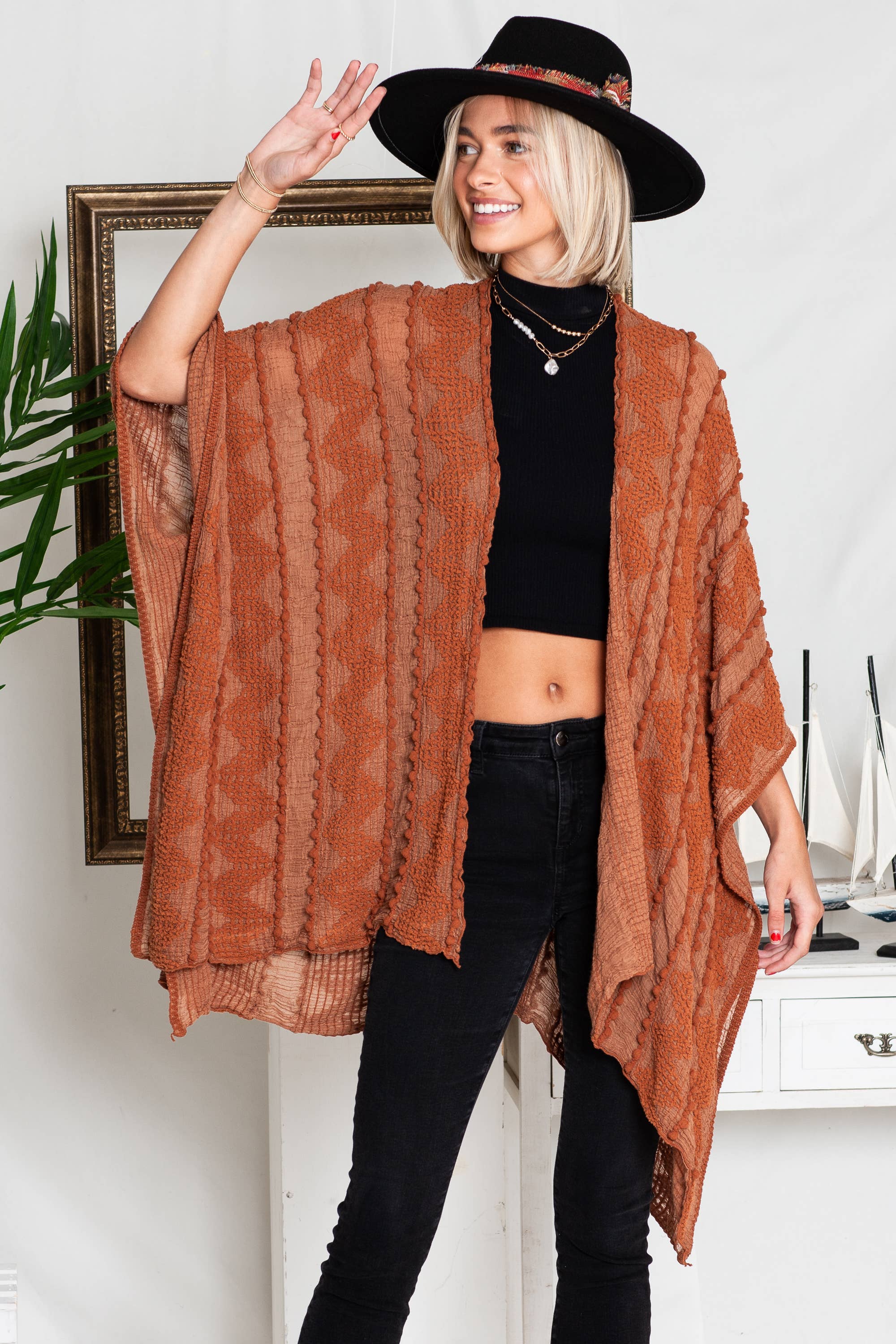 Justin & Taylor - Wholesale Kimono - Women's - Puffer-Up | Soft Textured Cover-Up Kimono With Pom Detail47