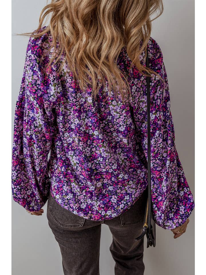 Purple LDC Boho Flower Split V Neck Bubble Sleeve Blouse for wholesale on Faire