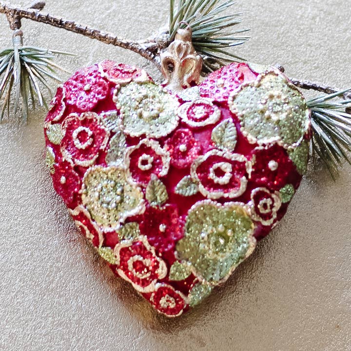 3.5" Beaded Petals Heart Orn (Red/Citron) for wholesale by Dekorasyon Gifts Decor