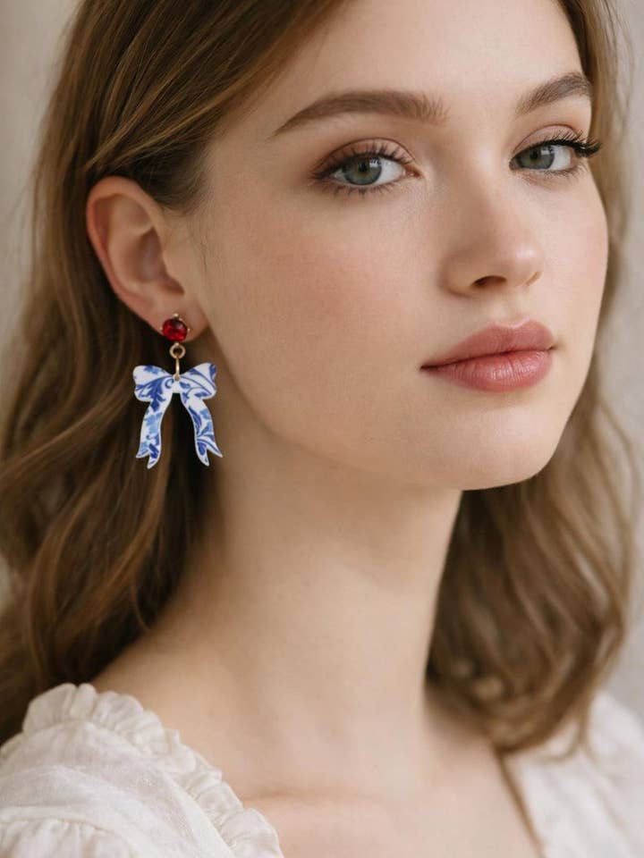 Blue Acrylic Bow Earrings, Chinoiserie Dangle Earrings, Red Crystal Stud Bows, Blue White Statement Earrings, Gift for Her for wholesale by KBR By Donna