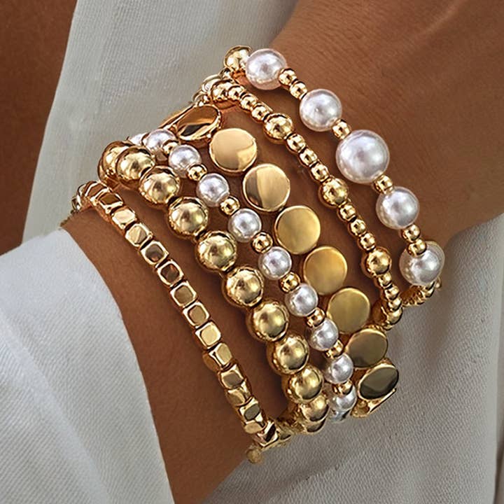 Gold Minimalist Pearl Beaded Multi Layer Elastic Bracelets for wholesale on Faire0