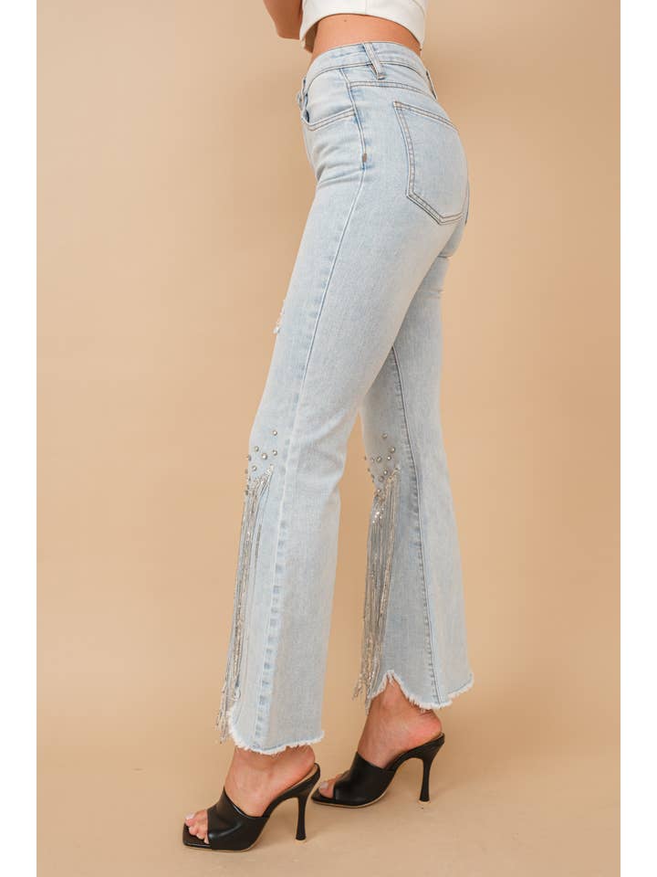 LIGHT WASH 80004P - Rhinestone Embellishment Detail Sequin Denim Jeans for wholesale on Faire