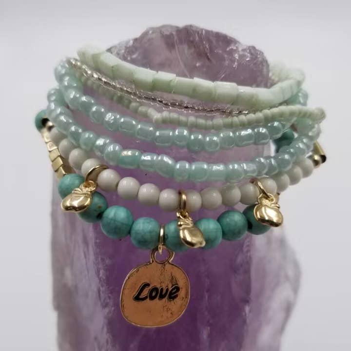Love Charm Turquoise Stretch Bracelets - Set Of 7 for wholesale by magnolia jewelry