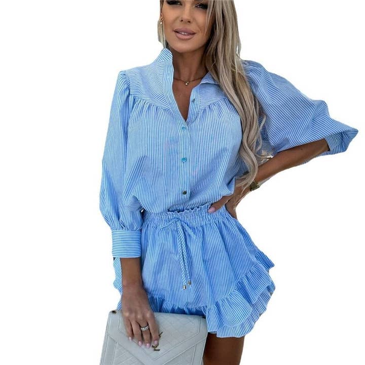 Sheer Trend - Wholesale Top & Skirt Set - Women's - Fashionable Striped 7/8 Sleeve Shirt And Skirt Set