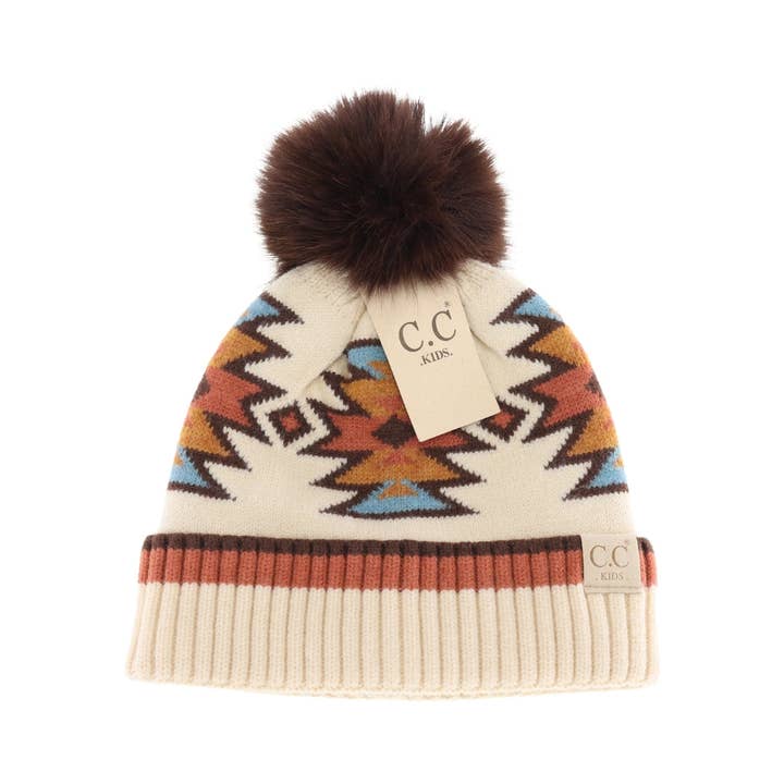C.C Beanie - Wholesale Beanie - Kids - Kids' Southwestern C.C Beanie with Faux Fur Pom