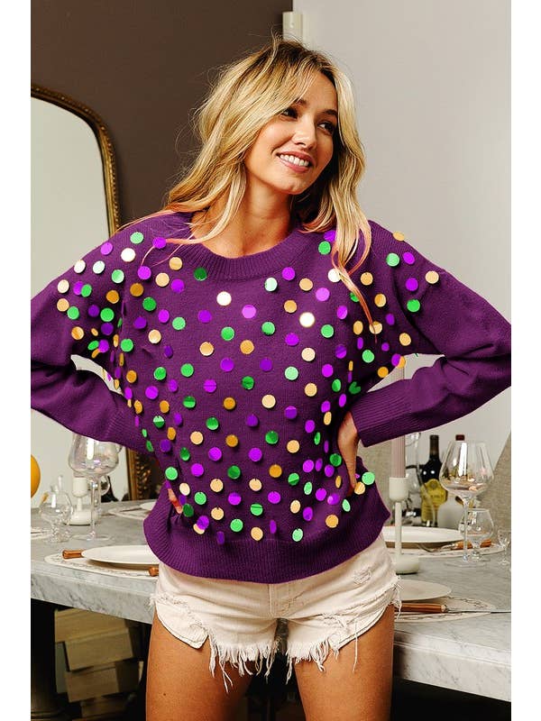 Vanilla Monkey - Wholesale Knit Sweater - Women's - Mardi Gras Colors Spangled Knit Pullover